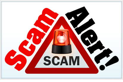 Red warning triangle with the word scam in red on the left sloped side, and the word Alert! in black on the right sloped side. In the center of the triangle is a red police-like bubble light with the word scam in black beneath it.